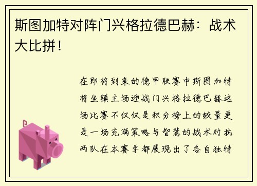 斯图加特对阵门兴格拉德巴赫：战术大比拼！